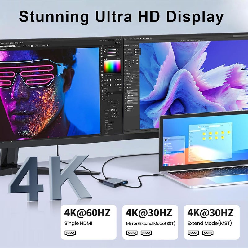 Luonanava محول USB C إلى HDMI مزدوج، موزع HDMI من نوع C لشاشتين مع USB 3.0، شحن PD بقوة 100 واط، موزع HDMI لعرض موسع لجهاز MacBook Air/Pro، Dell XPS، HP، Surface، Chromebook - Image 5